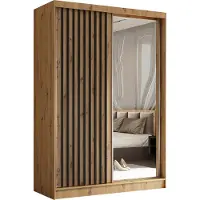 Masseno Schiebetürenschrank LAMELLO 150 cm Kleiderschrank Schlafzimmer Schrank 2-türig mit Spiegel und Lamellen Eiche Artisan