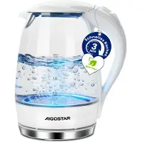 Aigostar Elektrischer Glas Wasserkocher mit LED-Beleuchtung, 2200 Watt, 1,7 Liter, kochtrocknender Schutz, BPA-frei, weiß