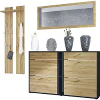 Vladon Garderoben-Set Orlando mit Schuhschrank, Germany, Wandpaneel und Wandspiegel, Schwarz matt/Eiche Natur