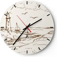 ARTTOR Wanduhr - Rund - Glasuhr - Skizze Küste Laterne - 30x30cm - Schleichendes Uhrwerk - Lautlos - zum Aufhängen bereit - Dekoration Modern - Wanddekoration aus Glas - C3AR30x30-4417