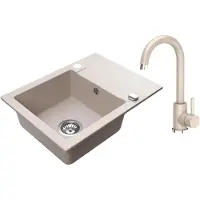 VBChome Granitspüle 59 x 44 cm Beige mit Armatur Einzelbecken Einbauspüle Reversibel Gesprenkelt Pflegeleichtes Spülbecken mit Siphon