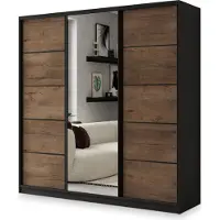 Masseno Schiebetürenschrank NATA 180/205/58 cm Kleiderschrank mit 4 Schubladen Schlafzimmer Schrank 3-türig mit Spiegel Schwarz / Eiche Lefkas