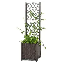 Goplus Blumenkasten mit Rankgitter, Hochbeet mit Spalier für Kletterpflanzen & Topfpflanzen, Braun,40 x 40 x 140 cm