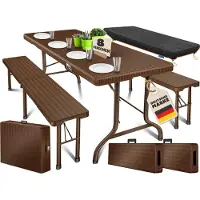 Kesser Bierzeltgarnitur 3-teilig Set Tisch & 2x Bank | Buffettisch für drinnen & draußen Gartengarnitur klappbar 183x76x74cm Kunststoff Klapptisch Gartentisch inkl. Abdeckung & Tragegriffe