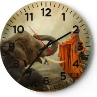 ARTTOR Wanduhr - Rund - Glasuhr - Elefant Mönch Stoßzahn - 30x30cm - Schleichendes Uhrwerk - Lautlos - zum Aufhängen bereit - Dekoration Modern - Wanddekoration aus Glas - C4AR30x30-3484
