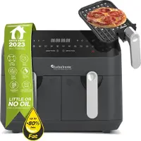 TurboTronic Doppel Heißluftfritteuse XXL - TT-DAF5 - Dual Zone Airfryer 9 Liter 2x4,5L Kammern Digital 12 Programme Smart Finish 1600W Inklusive Pizzableche Schwarz grau