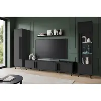 MINIO go for it , HURON II Wohnwand – Wandregal mit 2 Schränken, TV-Lowboard, 1 Hängeregal, Kunststoffbeine, ohne LED-Beleuchtun, Schwarz Farbe