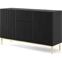 Homlando Kommode RAVENNA B 150 cm 2D3S rahmen SCHWARZ MATT / SCHWARZ MATT Sideboard MDF 2 Türen 3 Schubladen Highboard Schrank offene Regale Büfett mit gefräster fronten