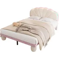 OKWISH Kinderbett Plattformbett 140×200 cm mit Lattenrost, Polsterbett Jugendbett für Jungen und Mädchen, Funktionelles Doppelbett mit LED-Licht-Samt, Beige+Rosa(Ohne Matratze)