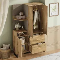 MODFU Garderobensets,Flurgarderobe mit Regal und Wandschrank,Kleiderschrank mit 2 Schubladen,Kompaktgarderobe,110x38x186 cm,Natur