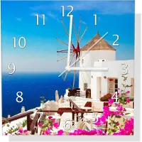 Wallario Design Wanduhr Windmühle über azurblauem Meer aus Echtglas, Größe 30 x 30 cm