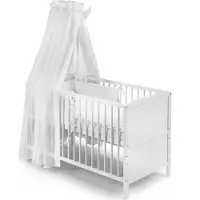 Koko -Kinderbett |"NELE" | Komplettbett | weiss | umbaubar zum Juniorbett | Designwahl (Design: Satinbaumwolle weiss mit Chiffonhimmel)