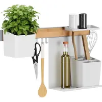TESA Küchen-Organizer Kombi-Set M - selbstklebende Küchenleiste mit Kräutertopf, 2 Ablagen, Küchenutensilienhalter, Hakenleiste inkl. 3 Haken - Montage ohne Bohren - Bambus/Weiß