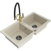 Mexen Mario 2-Becken-Granitspüle mit Mischbatterie Duo, Beige - 6504-69-671701-57-B