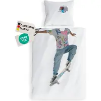 NYVI Renforce Kinderbettwäsche Deluxe aus 100% Baumwolle magischer Druck - Kindergesicht ergänzt Muster, Reißverschluss, Farbe:Skater, Größe:135x200 cm