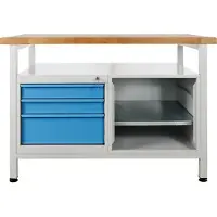 Proregal Werkbank Rhino mit Ablagefläche + 3 Schubladen + Regalteil | HxBxT 84x120x60cm | Traglast 300kg | Lichtgrau/Lichtblau