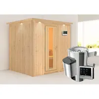 Karibu Sauna Innensauna Daria Fronteinstieg Ofen 3,6 kW externe Strg.easy 210x184x202 cm mit Dachkranz mit Energiespartür