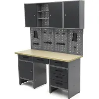 HBM Werkbank 160 cm mit 6 Schubladen, Schrankwand und Rückwand, schwarz, grau