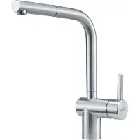 Franke Armatur Atlas Vorfenster Neo - Edelstahl, Zugauslauf, Niederdruck, Seitenbedienung