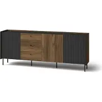 Bettso Breite Kommode geriffelt PRESTIGO 200 cm Schwarz + Nussbaum