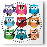 ARTTOR Wanduhr - Quadrat - Glasuhr - Eulen Bunt Kinder Zeichnung - 30x30cm - Schleichendes Uhrwerk - Lautlos - zum Aufhängen bereit - Dekoration Modern - Wanddekoration aus Glas - C4AC30x30-2880