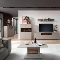 Lomadox Wohnzimmer-Set 5-teilig LIEZEN-05 in grau mit sichtbarer Rückwand Eiche, montiert