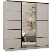 Masseno Schiebetürenschrank PINA 200/205/58 cm Kleiderschrank mit 4 Schubladen Schlafzimmer Schrank 3-türig mit Spiegel Kaschmir