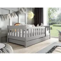 MTJ MTJMöbel Kinderbett POLA 190x80cm mit Matratze, Hausbett mit Schublade und Schutzbarriere, Grau Holz