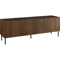 Mirjan 24 TV-Lowboard Tewos 144, TV-Schrank mit drei Drehtüren, Schwarze Metallfüße (Farbe: Nuss Warmia / Nuss Warmia + Marmor Schwarz)