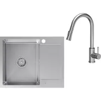 VBChome Edelstahlspüle mit Armatur 60 x 48 cm Gebürsteter Edelstahl Einbauspüle mit Zwei Löcher Spüle Groß Becken Küchenspüle mit Abtropffläche Siphon