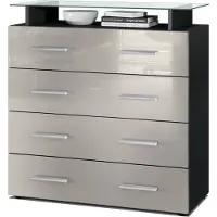 Vladon Sideboard Pavos V2, Kommode mit 4 Schubladen und Glasablage, Schwarz matt/Sandgrau Hochglanz (76 x 81 x 35 cm)