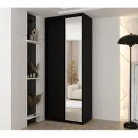 MINIO go for it , Kleiderschrank VADO, 100x235,2x60 cm, 2 Schiebetüren (1 Spiegel), 6 Einlegeböden, 2 Metallstangen, Schwarz Matt
