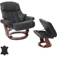 Robas Lund MCA Relaxsessel Windsor XXL, TV-Sessel Hocker, Echtleder 180kg belastbar schwarz, Walnuss-Optik