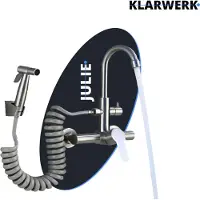 KLARWERK Julie | Gastronomie Armatur Wandmontage Silber gebürstet | Edelstahl Profi Küchenarmatur mit Handbrause | Wasserhahn 2 Brausen hoher Auslauf