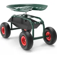 Wiltec Gartenwagen mit Ablagefläche bis 150kg Gartenhocker mit Reifen Gartentrolley für Gartenarbeit Werkstattwagen Rollwagen Arbeitssitz Gartensitz fahrbar