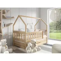 MTJ MTJMöbel Kinderbett LUNA II 160x80cm mit Matratze und Schublade, Hausbett mit verlängerter unterer Liegefläche und Sicherheitsgeländer, Kiefernholz