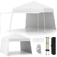 Goplus 430 x 280 cm Pop-up Pavillon mit 2 Seitenwänden, verstellbare Outdoor-Sonnenschutz tragbar mit 8 Heringen & 4 Windseilen, Weiß