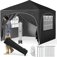 Goplus 3 x 3 m Pop-up-Pavillon, Faltpavillon mit 4 abnehmbaren Seitenwänden, Faltbarer Gartenpavillon mit 4 Sandsäcke, Schwarz