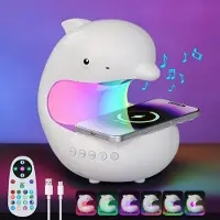 ROSNEK LED Nachtlicht Delfin RGB Dimmbare Nachttischlampe Wireless Ladegerät Bluetooth Lautsprecher mit Timer und Fernbedienung, Weiß