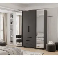 Idohome -Viertüriger Drehtürenschrank VERONA mit Spiegel und Schubladen Moderner stilvoller Loft-Kleiderschrank schwarze