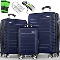 Tillvex Reisekoffer Set 3-TLG. + Gepäckwaage, 6X Koffergurte & 3X Kofferanhänger | Kofferset 4 Rollen | Trolley Gepäck Koffer TSA Schloss | Rollkoffer Hartschalenkofferset S-M-L-XL (Navyblau)