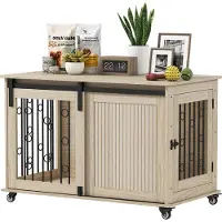 PawHut Hundekäfig 100 cm Hundebox für Zuhause mit Rollen, 2 Schiebetüren, Eiche