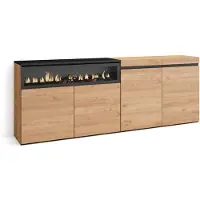 Skraut Home Sideboard, Highboard, 200x35x75cm, 4 Türen, Elektrokamin. farbe Eiche