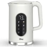 Olvy Wasserkocher Creme, Temperatureinstellung 1,7L – LCD-Display, 2200W, BPA-frei, Warmhaltefunktion, Kalkfilter, Temperaturwahl 40–100°, Edelstahl