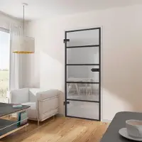 Inova Schulte Zimmertür Glas, 834x1972 mm, Komplettset mit Beschlag, Glastür Sprossen schwarz, DIN Links, DIN Recht, Drehtür Industrial Look mit Türklinke