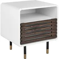 Beliani Nachttisch Weiß mit Tür in dunkler Holzfarbton Faserplatte Pulverbeschichtetes Metall Rustikal Retro Holzoptik 2 Fachböden Schlafzimmer