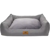 Ferocity Hundebett, Waschbares Hundesofa mit Rand, 100x80 cm, Cordura und Samt, Grau, Flachs, Wendekissen [123]