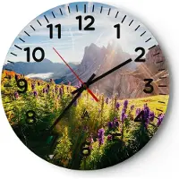 ARTTOR Wanduhr - Rund - Glasuhr - Berge Wiese Blumen - 30x30cm - Schleichendes Uhrwerk - Lautlos - zum Aufhängen bereit - Dekoration Modern - Wanddekoration aus Glas - C4AR30x30-4008