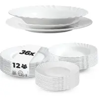 Kadax Geschirrservice 36-teilig, Geschirrset für 12 Personen, Tafelservice mit Suppenteller, Dessertteller & Speiseteller, Tellerset aus Opalglas, Geschirr Set (Weiß)