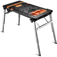 Wiltec 7 in 1 Werkbank 108,5 x 55 x 52 cm bis max. 250 kg vereint Sägebock, Gerüst, Arbeitsplattform, Rollbrett, Transportwagen und Sackkarre